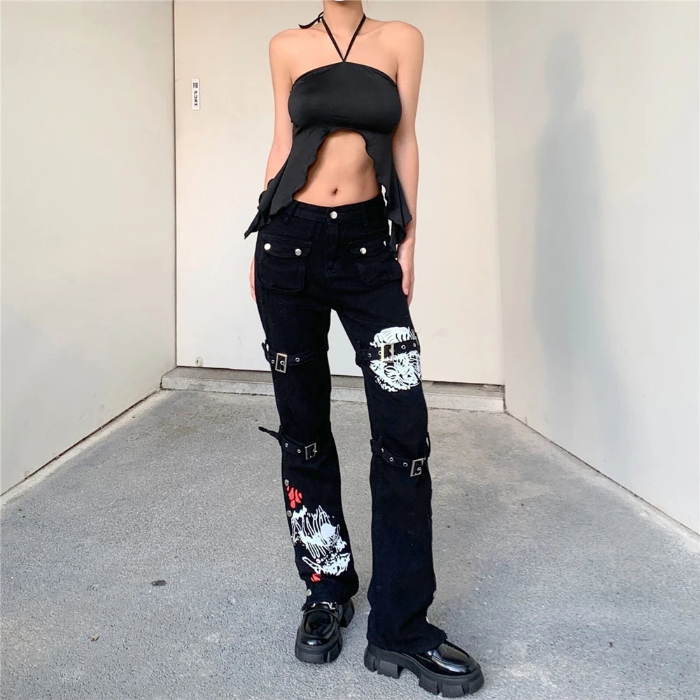 Hippie Comic Print Punk Jeans for Women – YX Vintage Streetwear