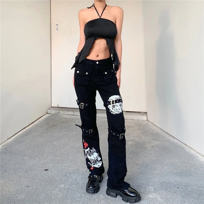 Hippie Comic Print Punk Jeans for Women – YX Vintage Streetwear