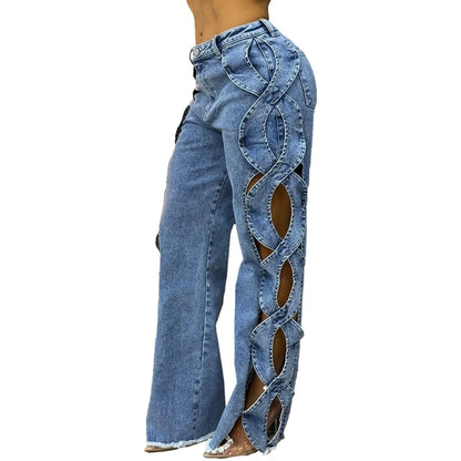 Women's Side Hollow S Line Denim Patchwork Pants