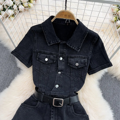 UNIKCOSA Women’s Denim Polo Jumpsuit – Summer Short Sleeve Single-Breasted Wide-Leg Shorts One-Piece