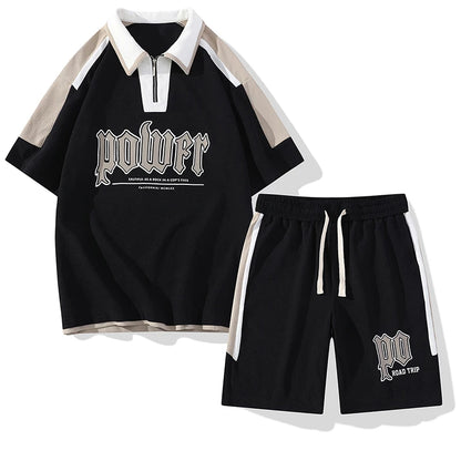 UNIKCOSA Men’s Summer Two-Piece Set – Casual Lapel Short-Sleeve T-Shirt & Matching Shorts (Youth Sports Edition)