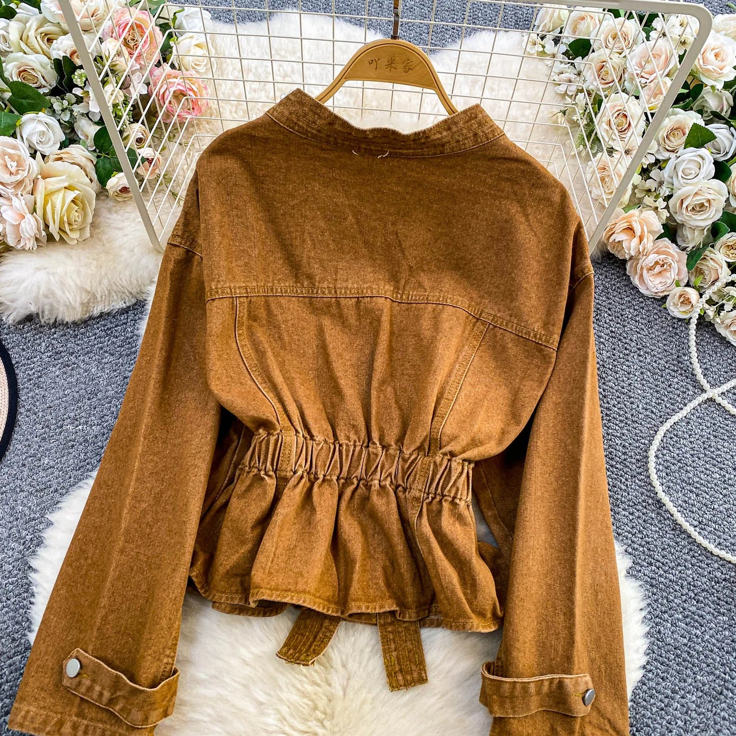 Boutique Wholesale 2025 Autumn New Fashionable Diamond Studded V-neck Waist Cinched Short Denim Women's Jacket