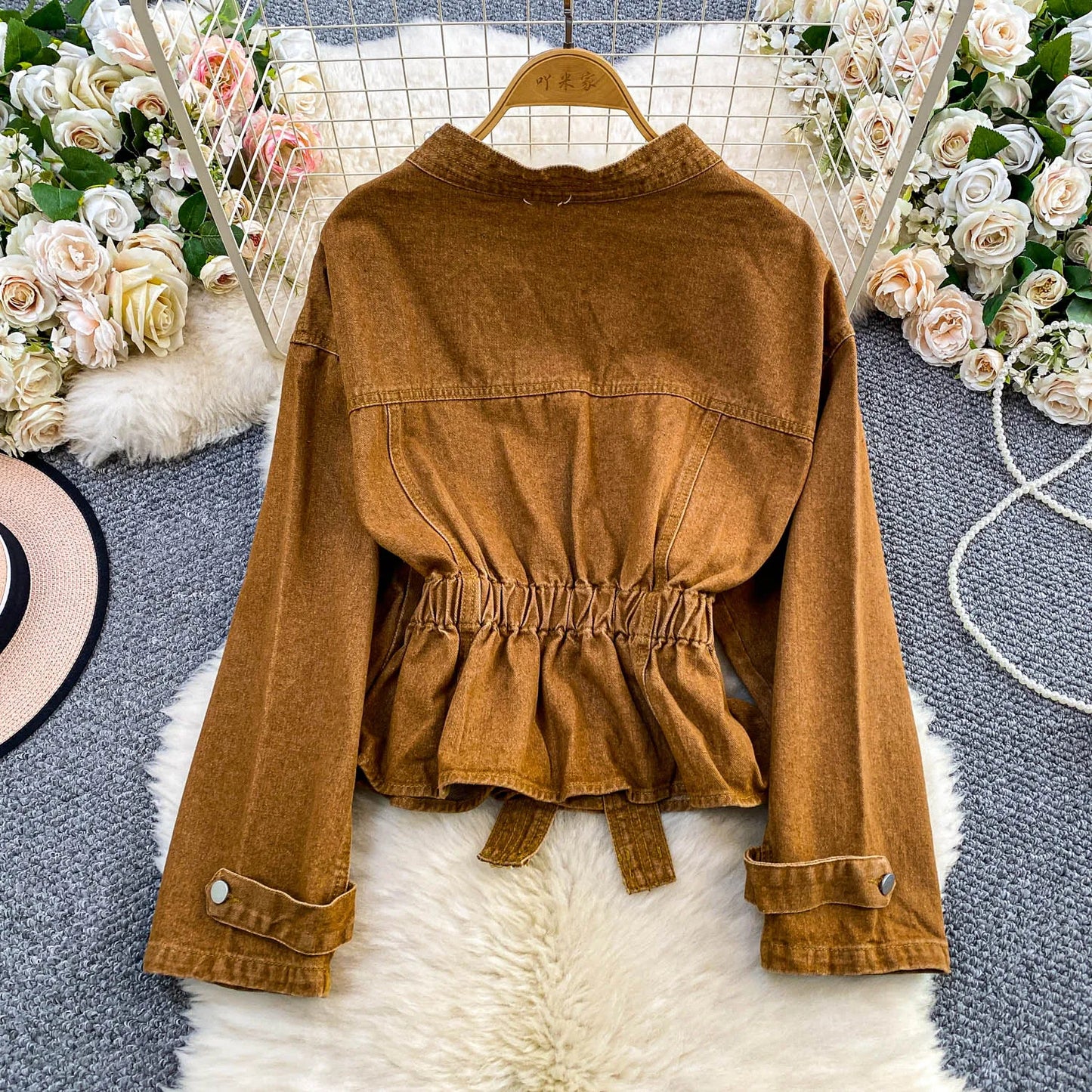 Boutique Wholesale 2025 Autumn New Fashionable Diamond Studded V-neck Waist Cinched Short Denim Women's Jacket