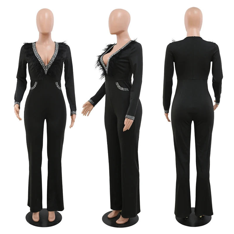 UNIKCOSA Women’s V-Neck Jumpsuit – Solid Color Long Sleeve Straight-Leg One-Piece Romper ( Work & Casual Edition)