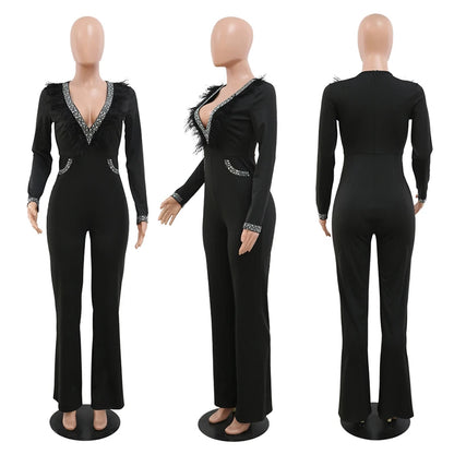 UNIKCOSA Women’s V-Neck Jumpsuit – Solid Color Long Sleeve Straight-Leg One-Piece Romper ( Work & Casual Edition)