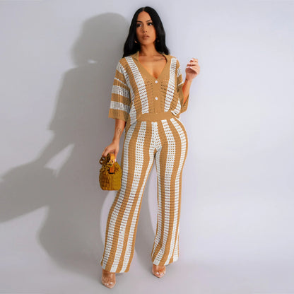UNIKCOSA Women’s Contrast Knit Two-Piece Set – Knit Sweater & Wide-Leg Pants Outfit (Spring/Fall 2025 Edition)