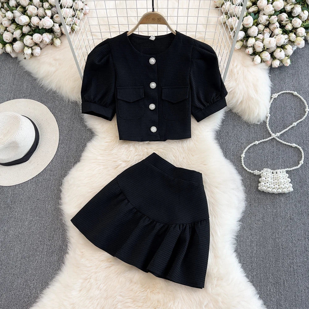 Summer Casual 2 Piece Set For Women O-Neck Puff Sleeve Top And High Waist Skirts Set Ropa Wholesale