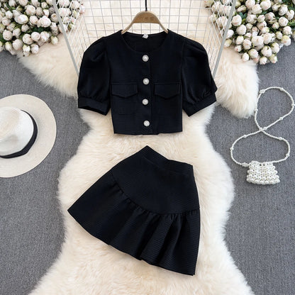 Summer Casual 2 Piece Set For Women O-Neck Puff Sleeve Top And High Waist Skirts Set Ropa Wholesale