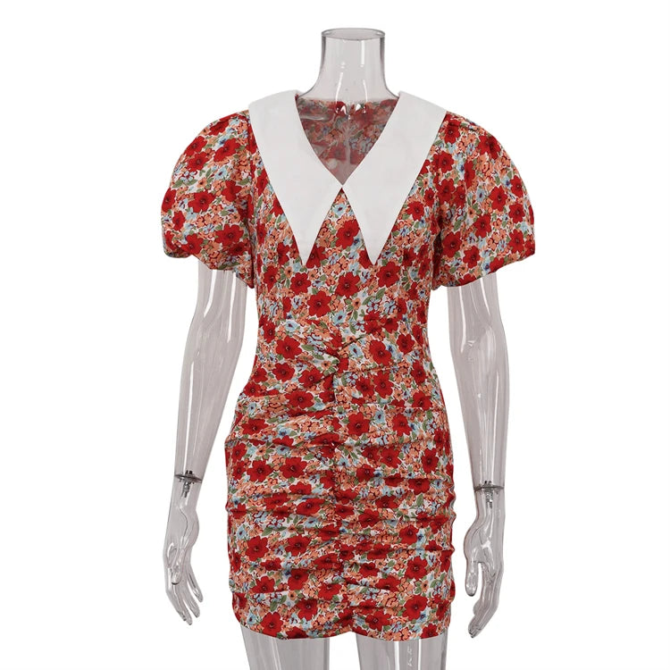 UNIKCOSA Women’s Red Floral Bodycon Dress – Peter Pan Collar Puff Sleeve Short Summer Dress with Back Zip (2025 Edition)