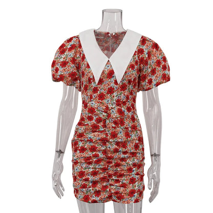 UNIKCOSA Women’s Red Floral Bodycon Dress – Peter Pan Collar Puff Sleeve Short Summer Dress with Back Zip (2025 Edition)