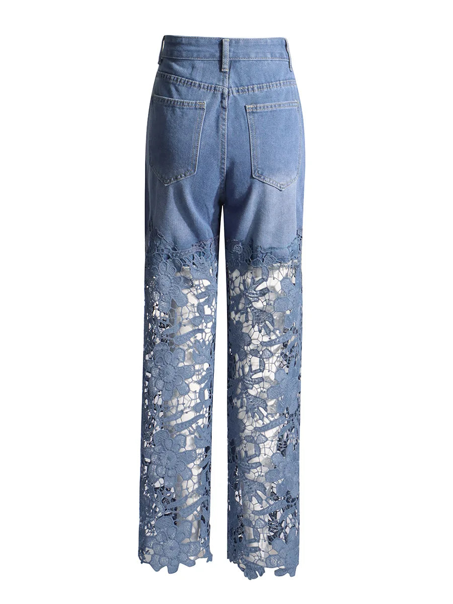 UNIKCOSA Women’s Hollow-Out Lace Denim Pants – High-Waist Stretch Straight Baggy Jeans (Designer Deconstruction Edition)