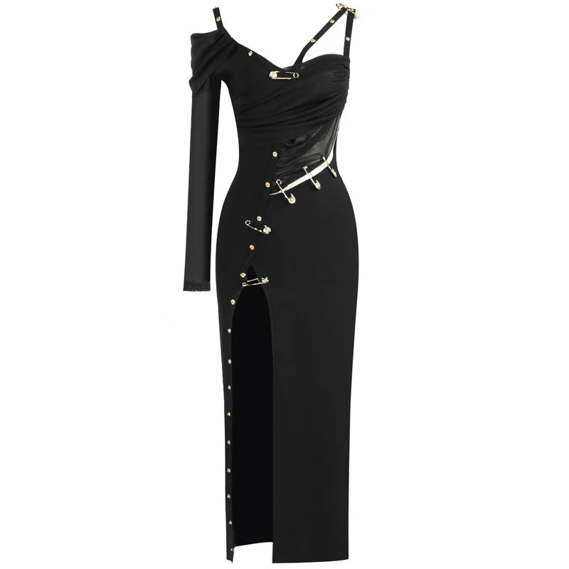 UNIKCOSA’s High-Quality Black Bandage Gown — One-Shoulder Long Sleeve Bodycon Dress