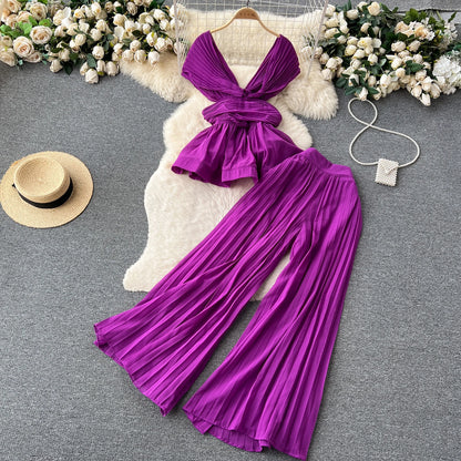 UNIKCOSA Women’s Elegant Summer Set – Pleated Chiffon Sleeveless Top & High-Waist Wide-Leg Pants (High-End Edition)