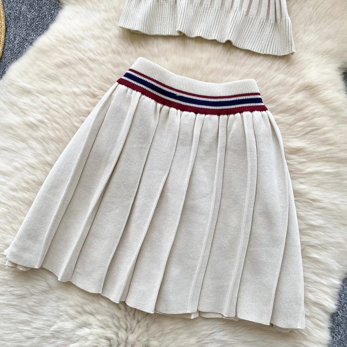 Vintage Women's Knitted Top and High Waist Skirt Set