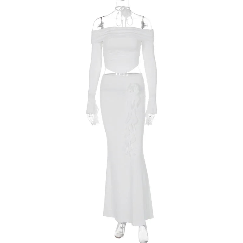 UNIKCOSA Women’s Ruffled 2-Piece Evening Set – Cropped Tube Top & Long Skirt Outfit (Elegant Party 2025 Edition)