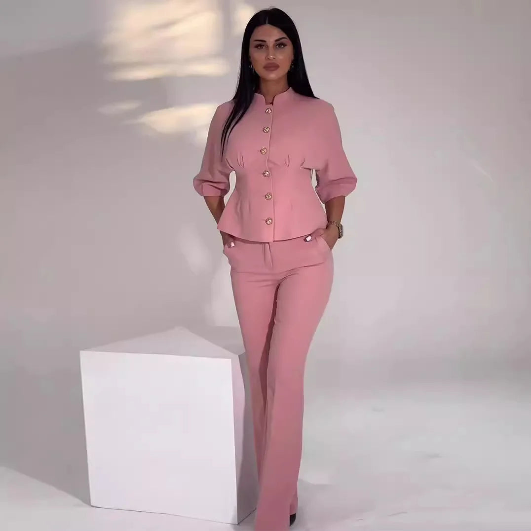 UNIKCOSA Women’s Autumn Set – 2025 Stand Collar Long-Sleeve Shirt & Elegant Pants Two-Piece (Boutique Edition)