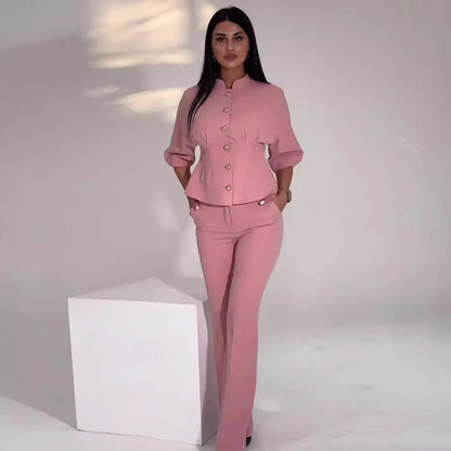 UNIKCOSA Women’s Autumn Set – 2025 Stand Collar Long-Sleeve Shirt & Elegant Pants Two-Piece (Boutique Edition)