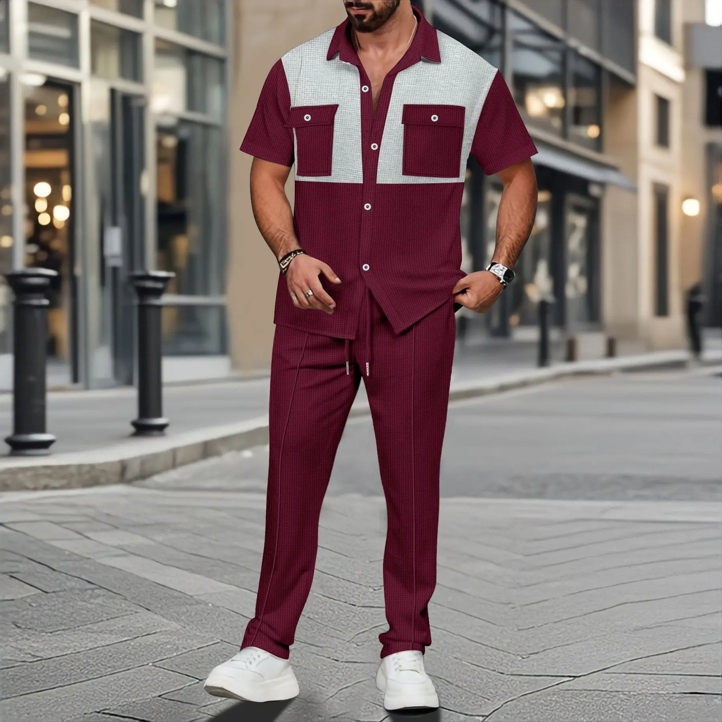 UNIKCOSA Men’s Polo Shirt Set – Multicolored Short Sleeve Polo & Matching Long Pants Two-Piece Outfit (2025 Edition)