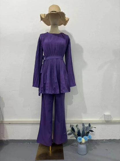 UNIKCOSA Luxe Two Pcs Set Lace Up Pleat Top Leg Pants Chic 💫