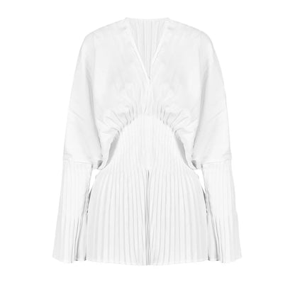 UNIKCOSA Women’s Elegant V-Neck Top – Autumn Slim Fit Waist-Tie Blouse with Pleated Flare Sleeves (High-Waist Edition)