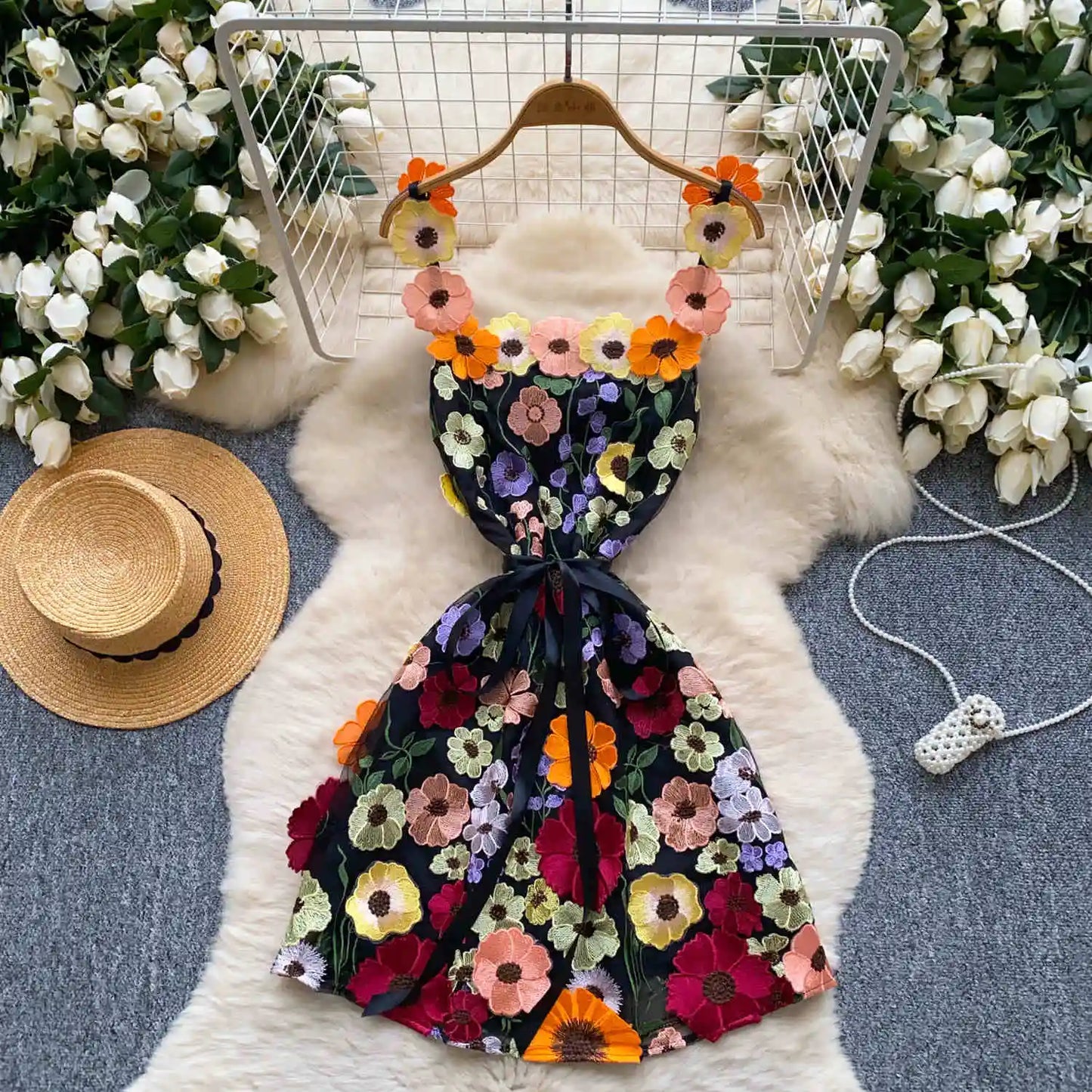 UNIKCOSA Women’s French Embroidered Halter Dress – High-End Elegant Summer Mini (Chic Edition)