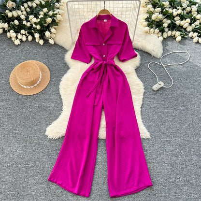 UNIKCOSA Women’s Summer Lace Jumpsuit – Short-Sleeve Turn-Down Collar High-Waist Tunic Slim One-Piece