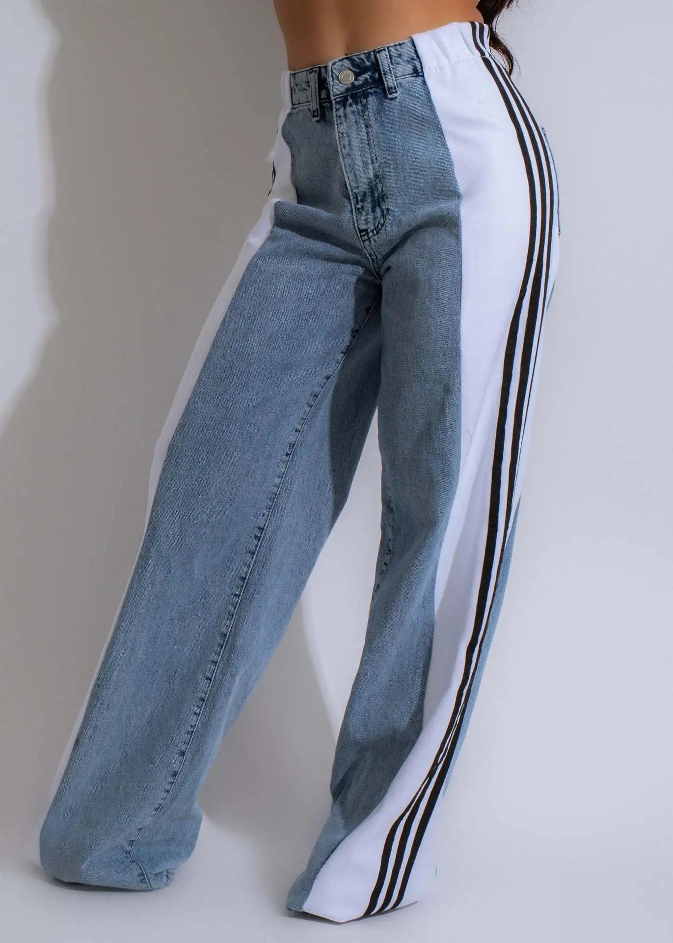 UNIKCOSA Women’s Palazzo Wide-Leg Jeans – High-Waist Retro Loose Fit Denim with Three Stripe Detail (Streetwear Edition)