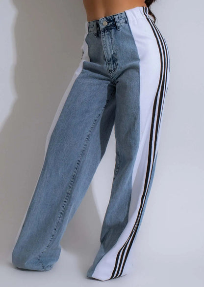 UNIKCOSA Women’s Palazzo Wide-Leg Jeans – High-Waist Retro Loose Fit Denim with Three Stripe Detail (Streetwear Edition)