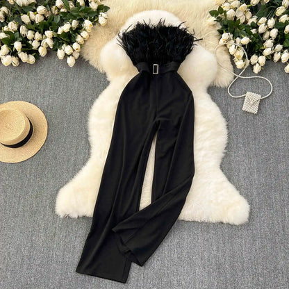 UNIKCOSA Women’s White Feather Jumpsuit – Summer Sleeveless Slim Fit One-Piece (Elegant Statement Edition)