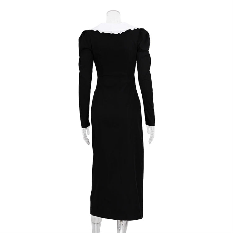 UNIKCOSA Women’s Black Midi Dress – Patchwork Color Contrast Double-Breasted Cotton Long Sleeve Dress (Spring 2025 Edition)