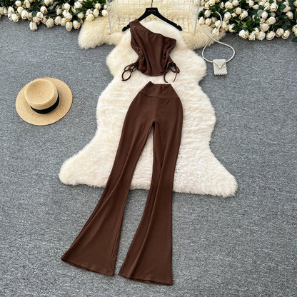 Summer Casual 2 Piece Set For Women One-shoulder Bandage Top And High Waist Set Jogging Suits Wholesale