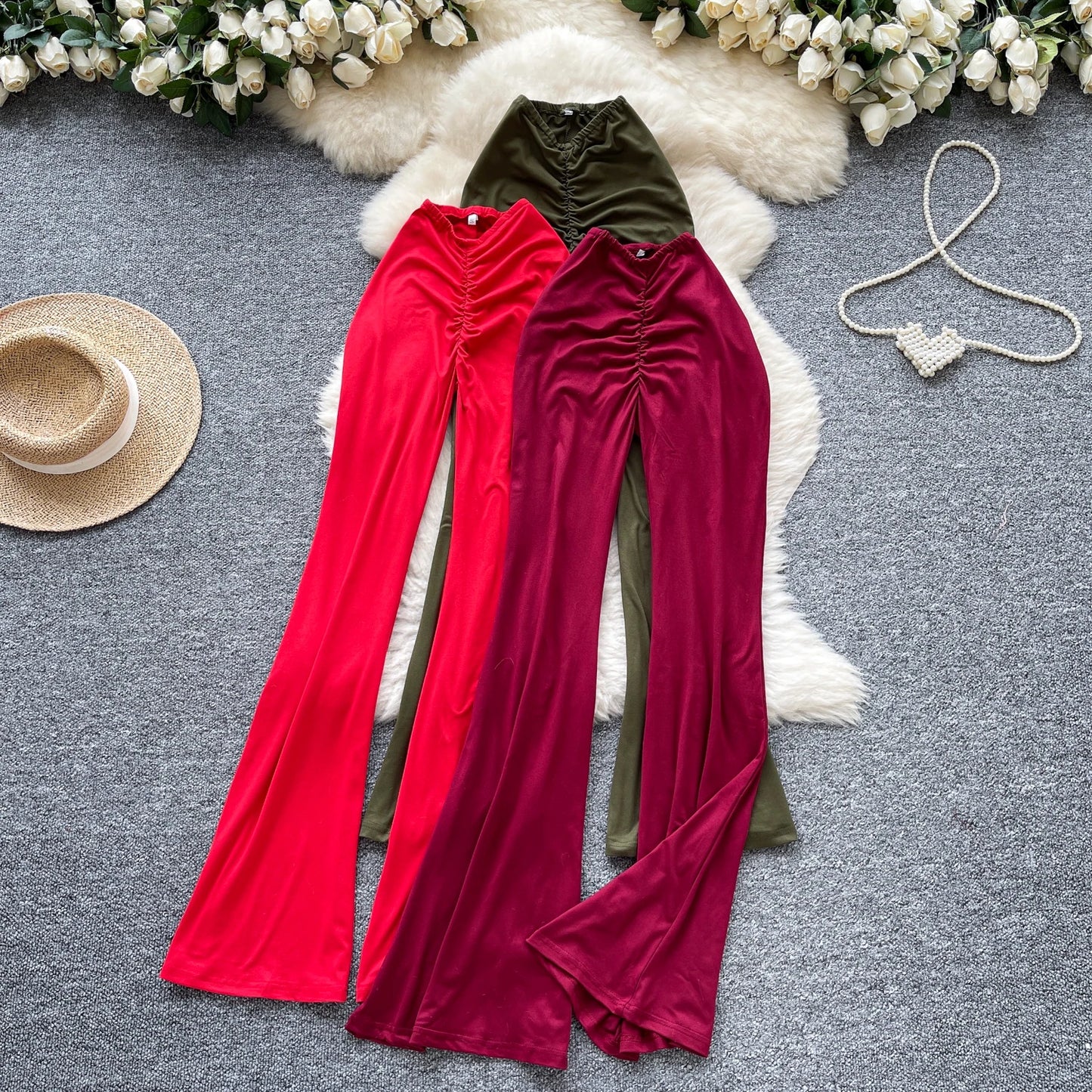 Summer Y2K Long Pants Women Solid Wrinkled High Waist Trousers Girls Flare Pants Wholesale