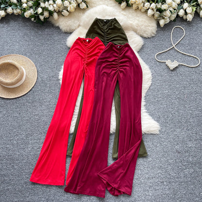 Summer Y2K Long Pants Women Solid Wrinkled High Waist Trousers Girls Flare Pants Wholesale