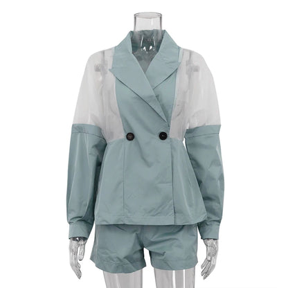 UNIKCOSA Women’s Patchwork Streetwear Set – Double-Breasted Jacket & Shorts 2-Piece Outfit (Summer 2025 Edition)