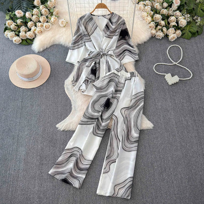 UNIKCOSA Women’s Summer Two-Piece Set – Short Sleeve Top & High-Waist Wide-Leg Pants (Chic Comfort Edition)