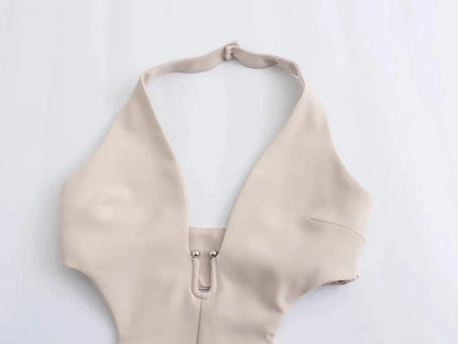 UNIKCOSA Women’s Beige Jumpsuit – Sexy Halter Backless Hollow-Out Sleeveless Slim Fit One-Piece