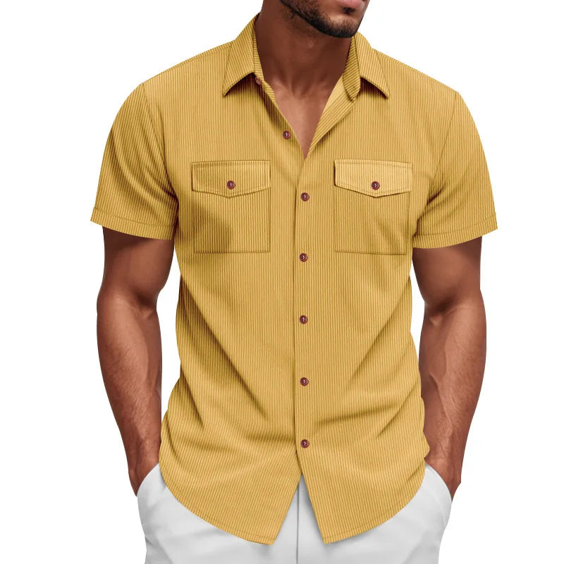 Men's Casual Corduroy Short Sleeve Cargo Shirt Loose Fit