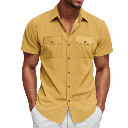 Men's Casual Corduroy Short Sleeve Cargo Shirt Loose Fit