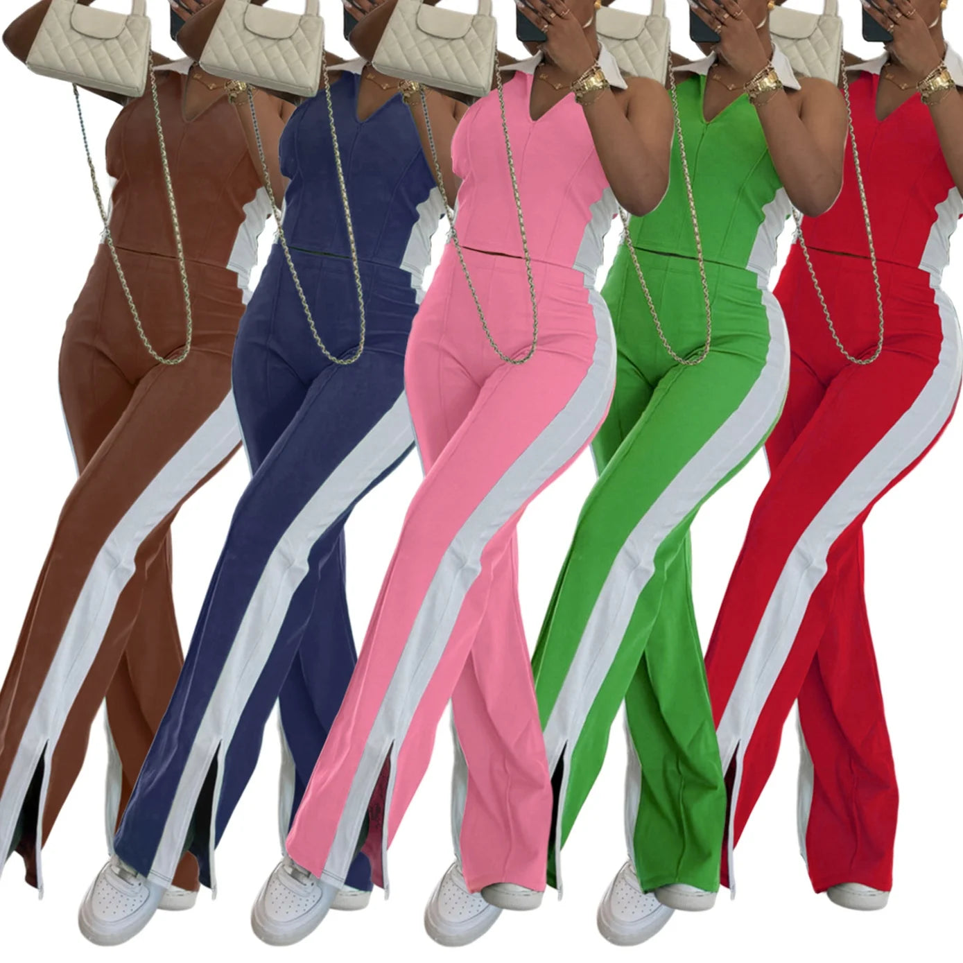 Splicing Collision V‑Neck Sleeveless Top with Zipper Slit Pants