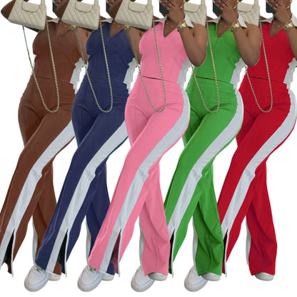 Splicing Collision V‑Neck Sleeveless Top with Zipper Slit Pants