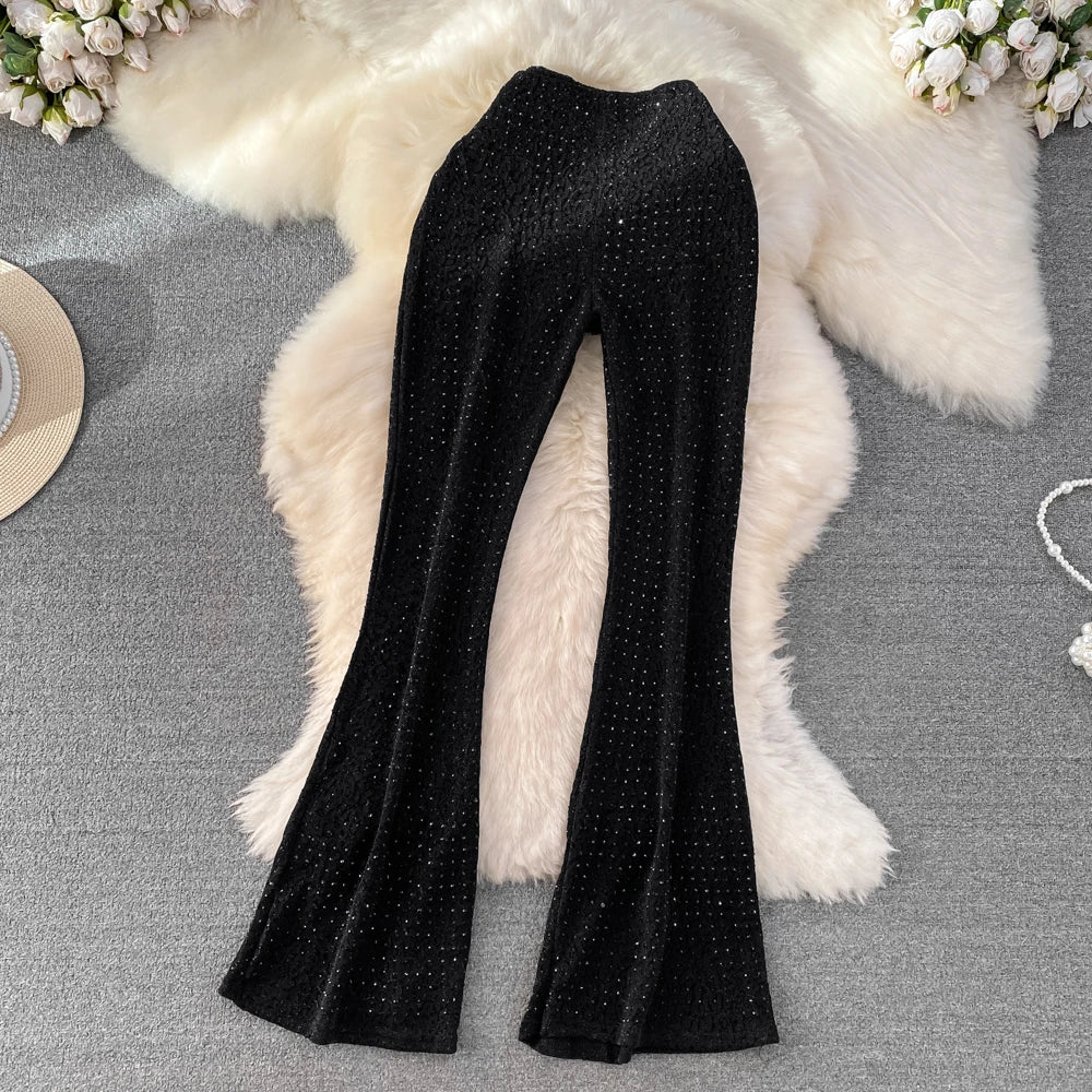 Summer Diamond Leopard Print High Waist Flare Pants for Women