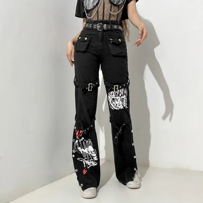 Hippie Comic Print Punk Jeans for Women – YX Vintage Streetwear