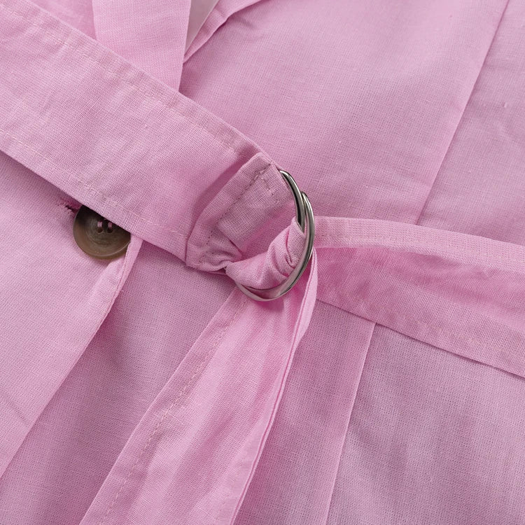 UNIKCOSA Women’s Pink Blazer Dress – Shoulder Padded Belted Ramie Cotton Long Sleeve Dress (Summer 2025 Edition)
