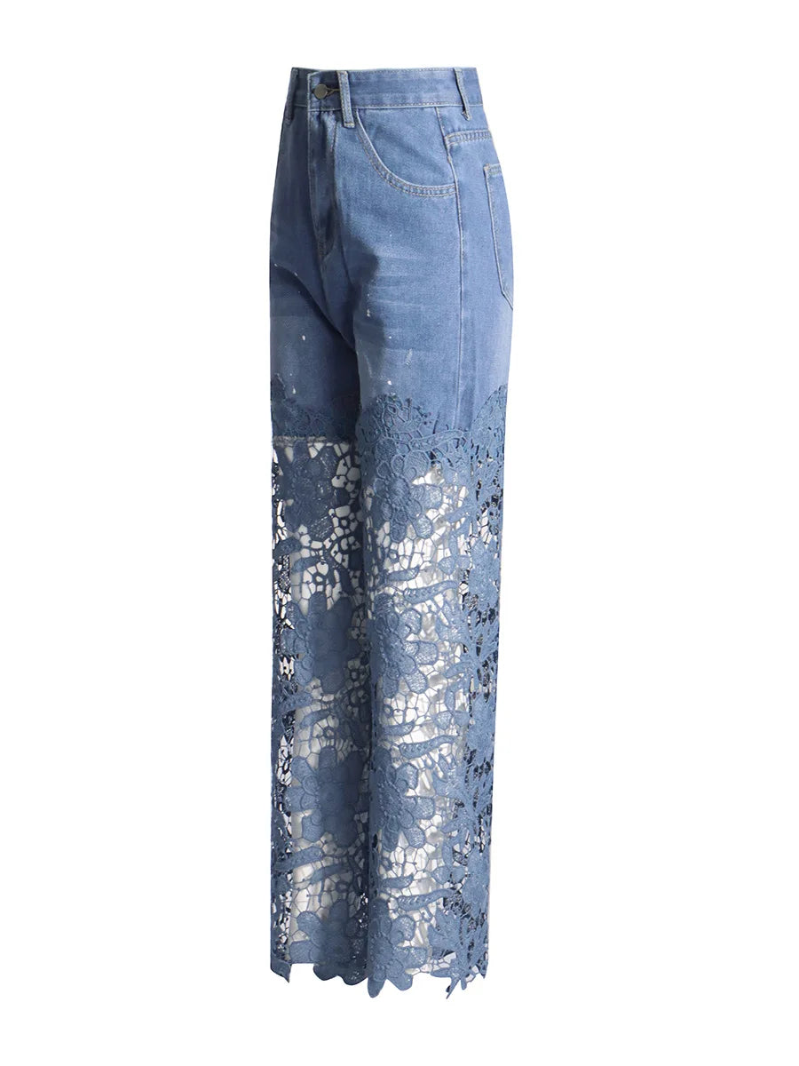 UNIKCOSA Women’s Hollow-Out Lace Denim Pants – High-Waist Stretch Straight Baggy Jeans (Designer Deconstruction Edition)