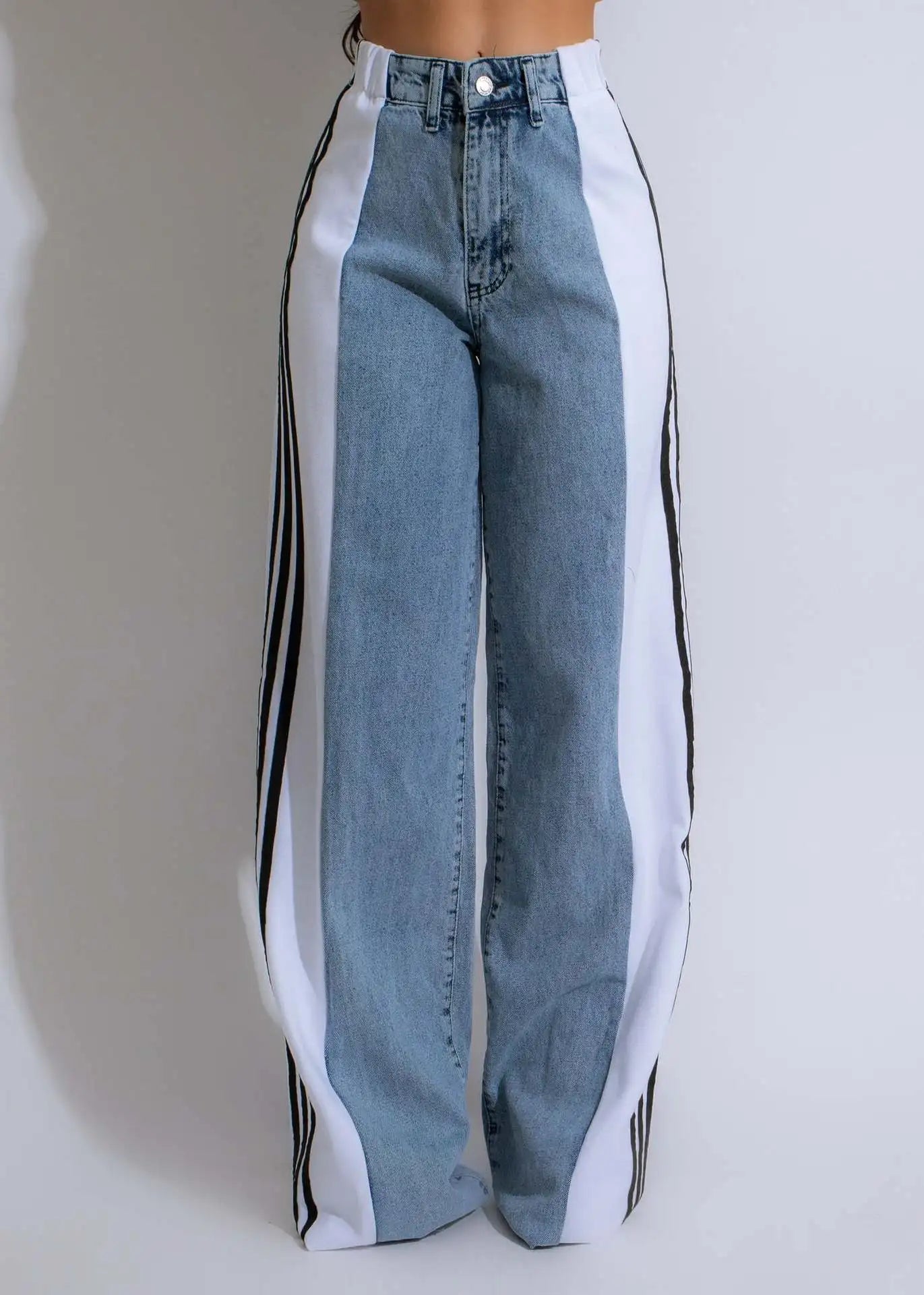 UNIKCOSA Women’s Palazzo Wide-Leg Jeans – High-Waist Retro Loose Fit Denim with Three Stripe Detail (Streetwear Edition)