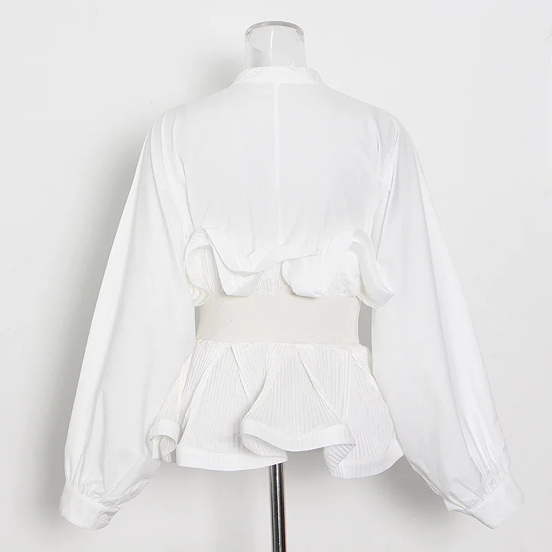 Women Fall Blouse with Puff Sleeves, Lantern Details & Chic Belted Design