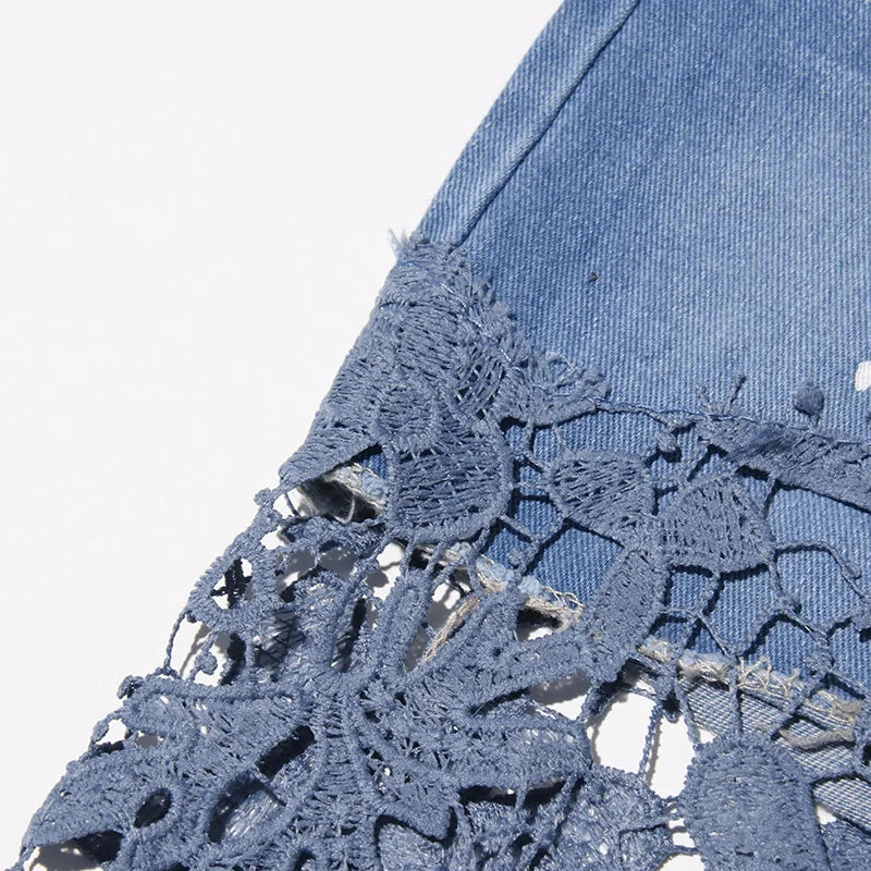 UNIKCOSA Women’s Hollow-Out Lace Denim Pants – High-Waist Stretch Straight Baggy Jeans (Designer Deconstruction Edition)