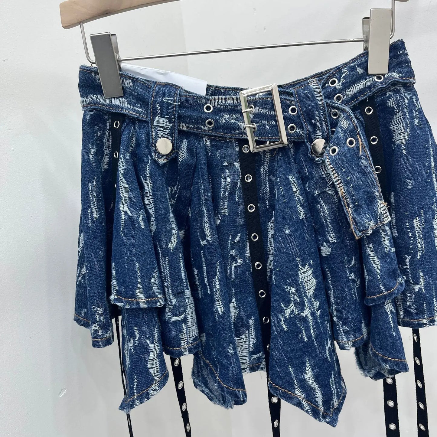 Women's Denim Flutter Belt Irregular Pleated Short Skirt