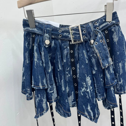 Women's Denim Flutter Belt Irregular Pleated Short Skirt