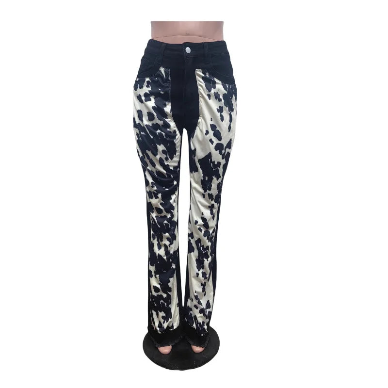 Hot Stretch Flare Denim Pants for Women – High‑Waist Printed Trousers